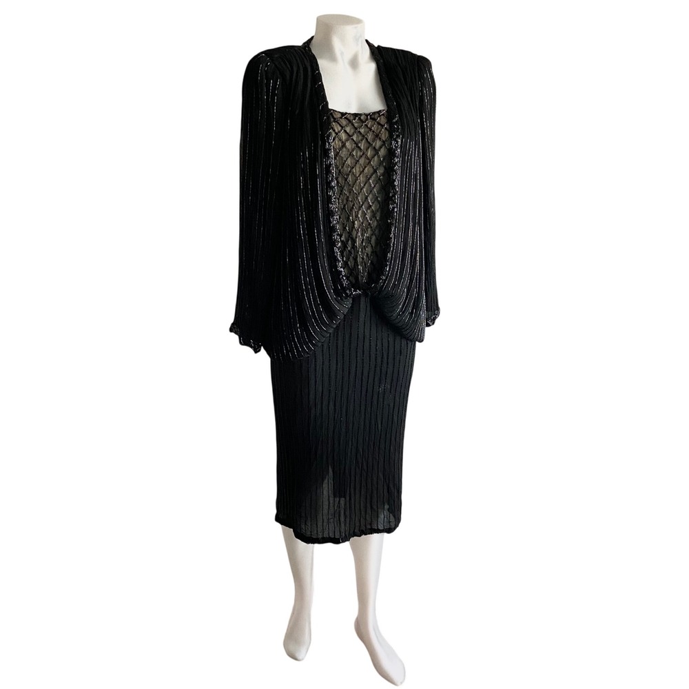 Judith Ann Creations Vintage Black Beaded Silk Dress Midi Long Sleeve Medium